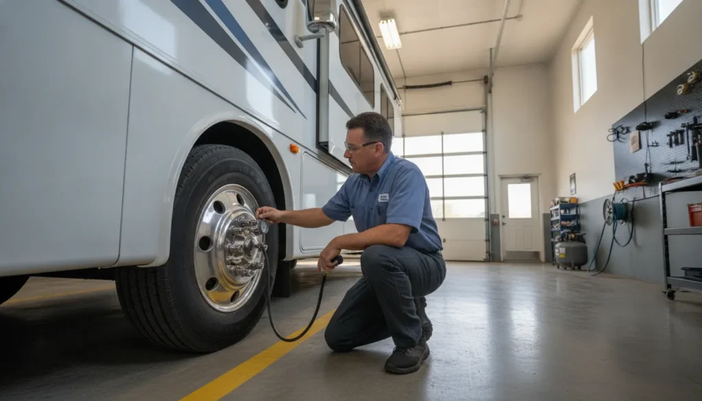 Technician performing an RV tire blowout prevention inspection before summer travel