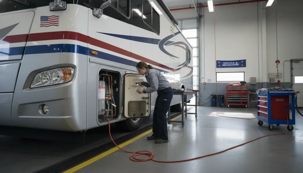 RV technician inspecting a water heater compartment before travel