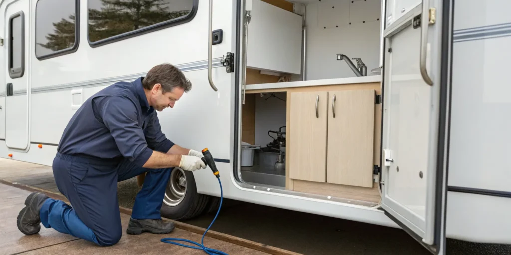 Person repairing a water leak in the plumbing beneath an RV kitchen sink.