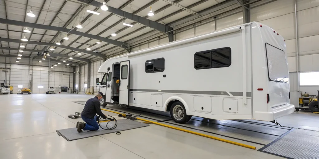 Professional RV technician completing a Schwintek slide replacement.