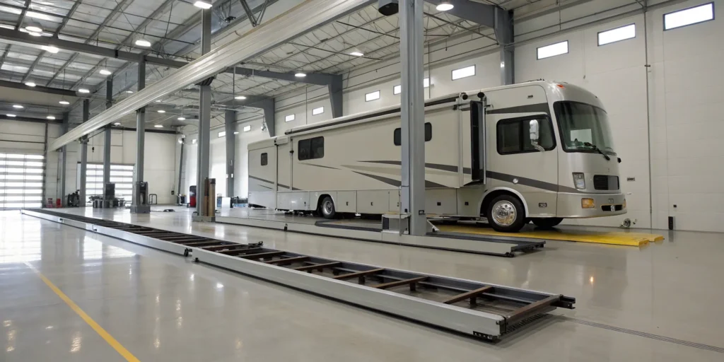 RV in a service bay undergoing a Vroom slide system upgrade.
