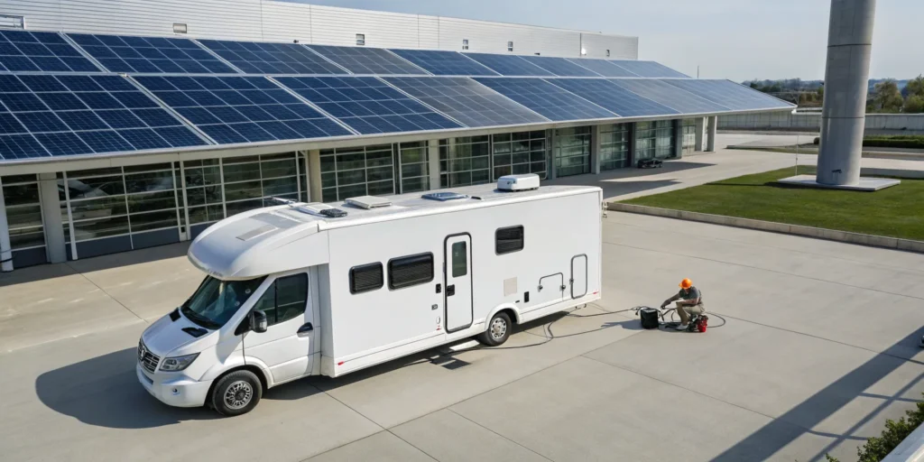Technician completing an RV solar panel installation on the roof of a motorhome.