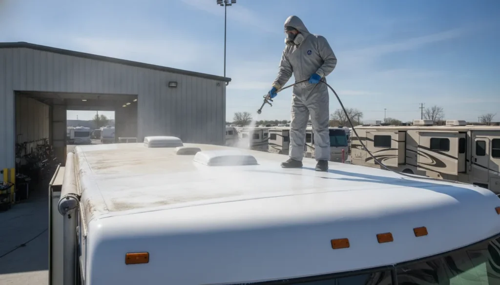 RV technician applying AeroArmor spray-on polyurea roof coating