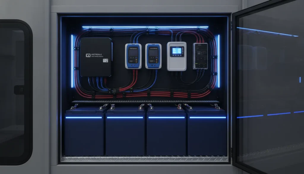 A professional RV lithium battery bank and solar installation featuring premium Victron energy components and neat wiring in an electrical bay