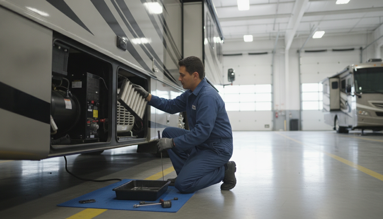 RV generator oil change being performed by a mechanic with fresh oil filter in a professional RV service bay