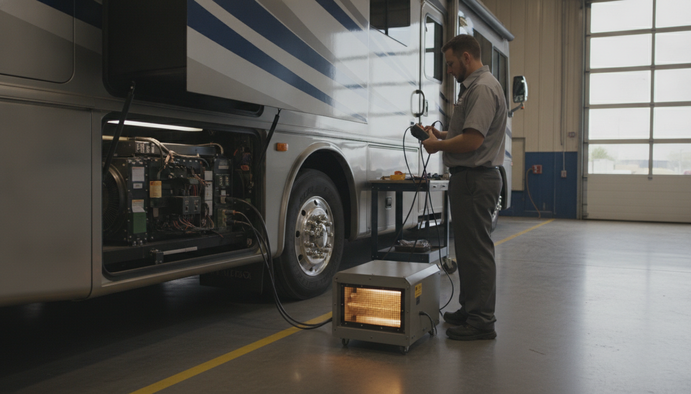 RV generator fuel filter and spark plug replacement parts on a workbench at a North Texas RV service center