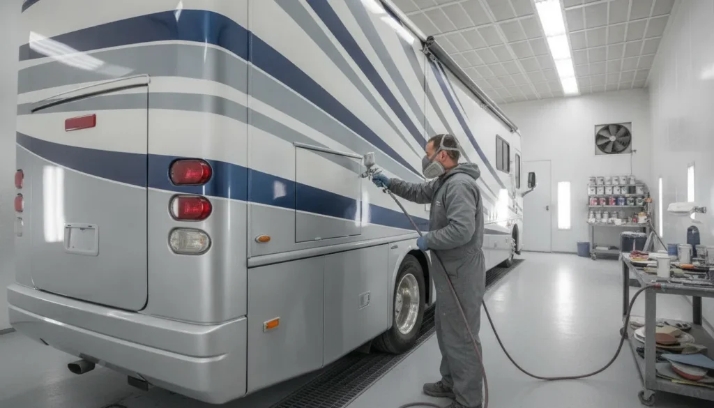 Professional RV paint matching and color blending in a climate-controlled paint bay