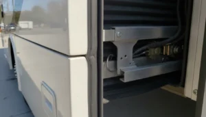 Close-up of a luxury RV slide-out seal and mechanical mechanism