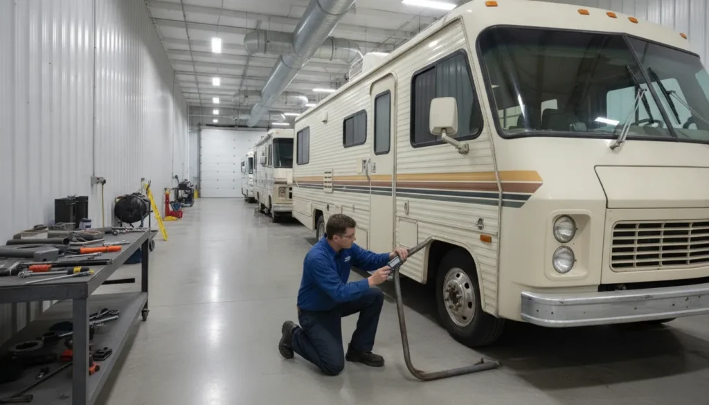 Technician measuring a damaged RV component in a precision service workshop