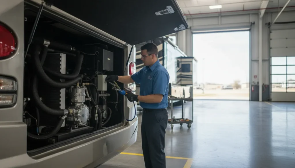 Technician inspecting diesel motorhome chassis air conditioning components