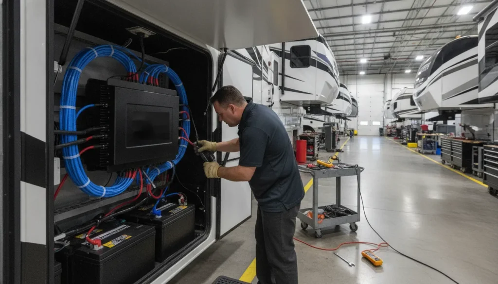 Technician inspecting an RV DC-DC charger installation for lithium and solar charging