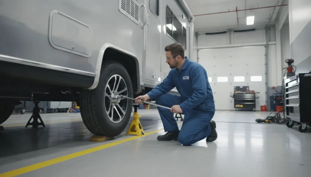 Technician inspecting RV wheel bearings during a repack service